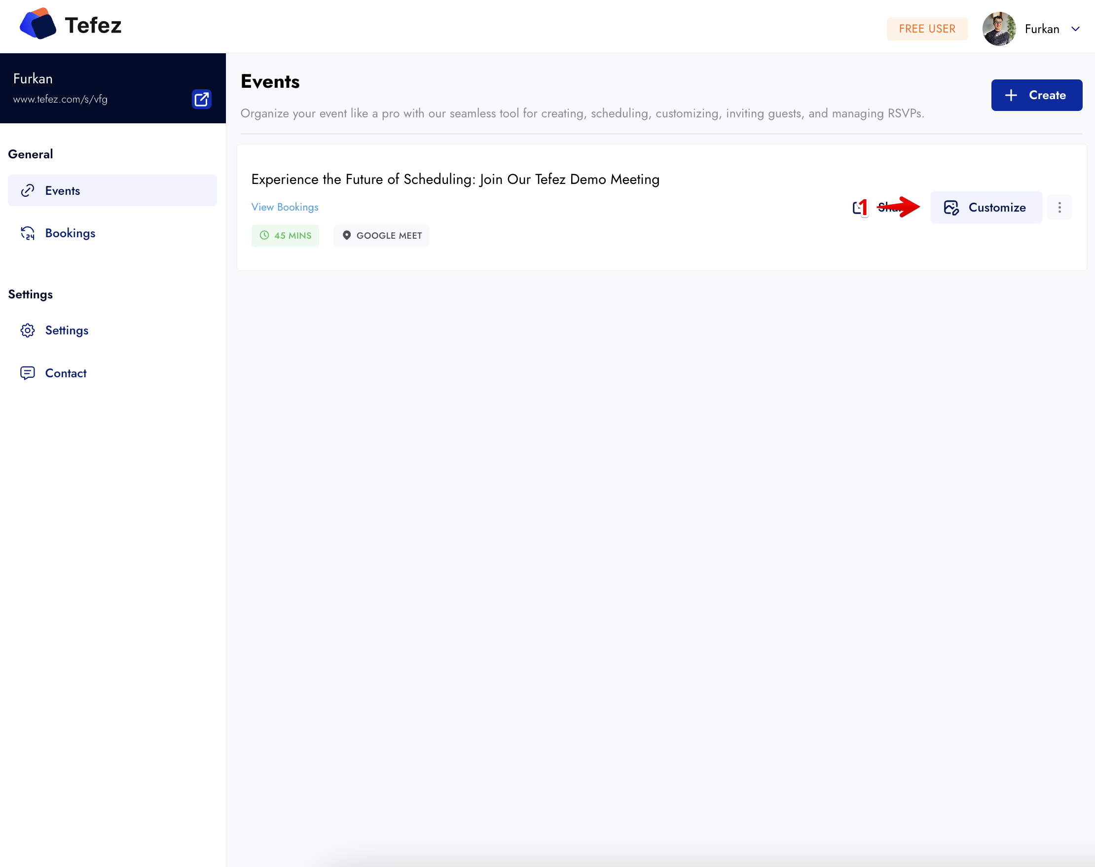 Tefez event page with the Customize control highlighted