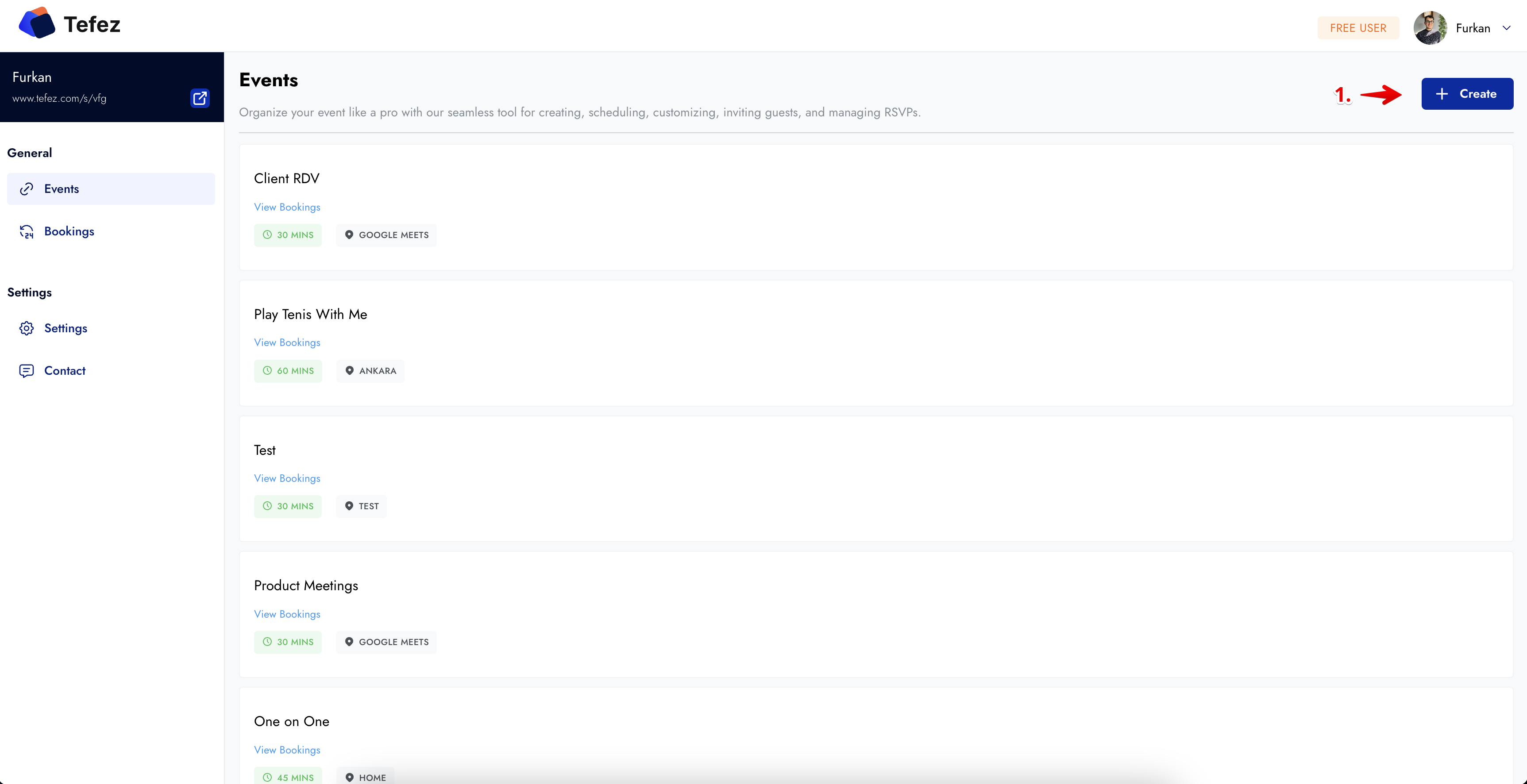 Tefez Events dashboard with the Create button highlighted