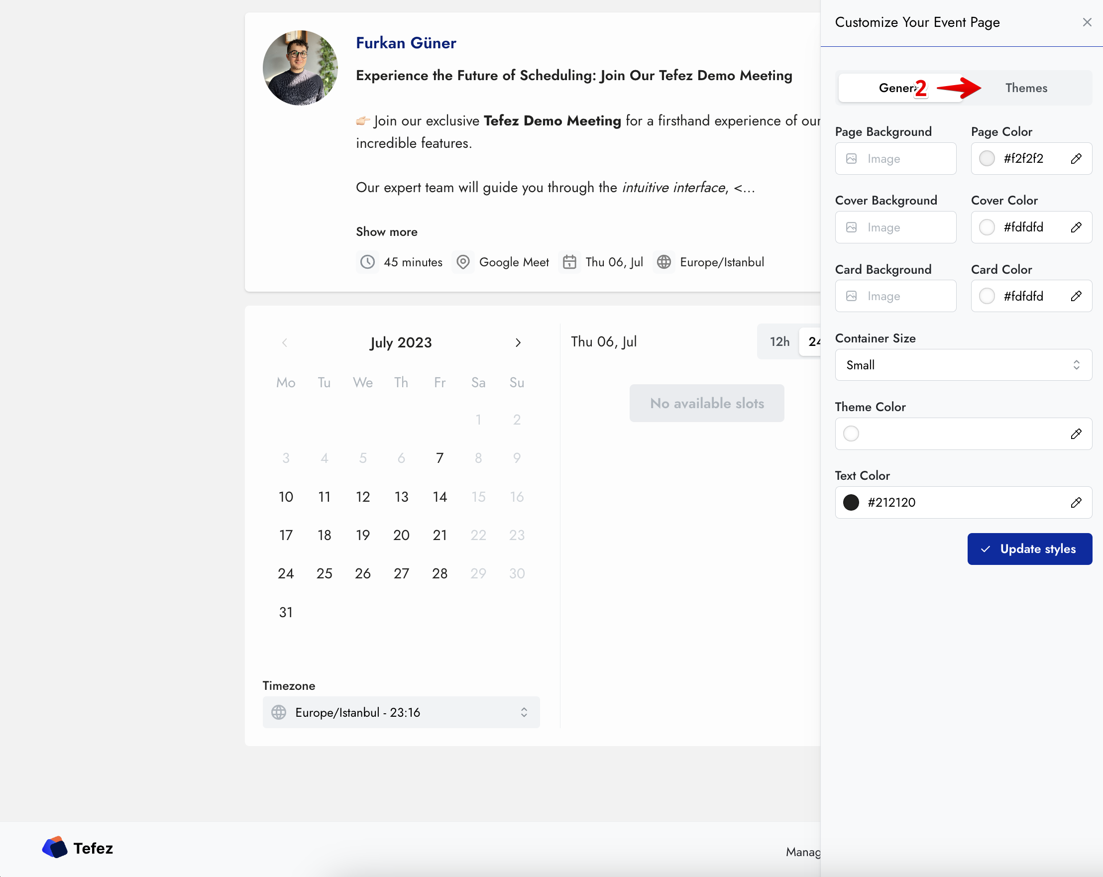 Tefez customization drawer with the Themes tab highlighted