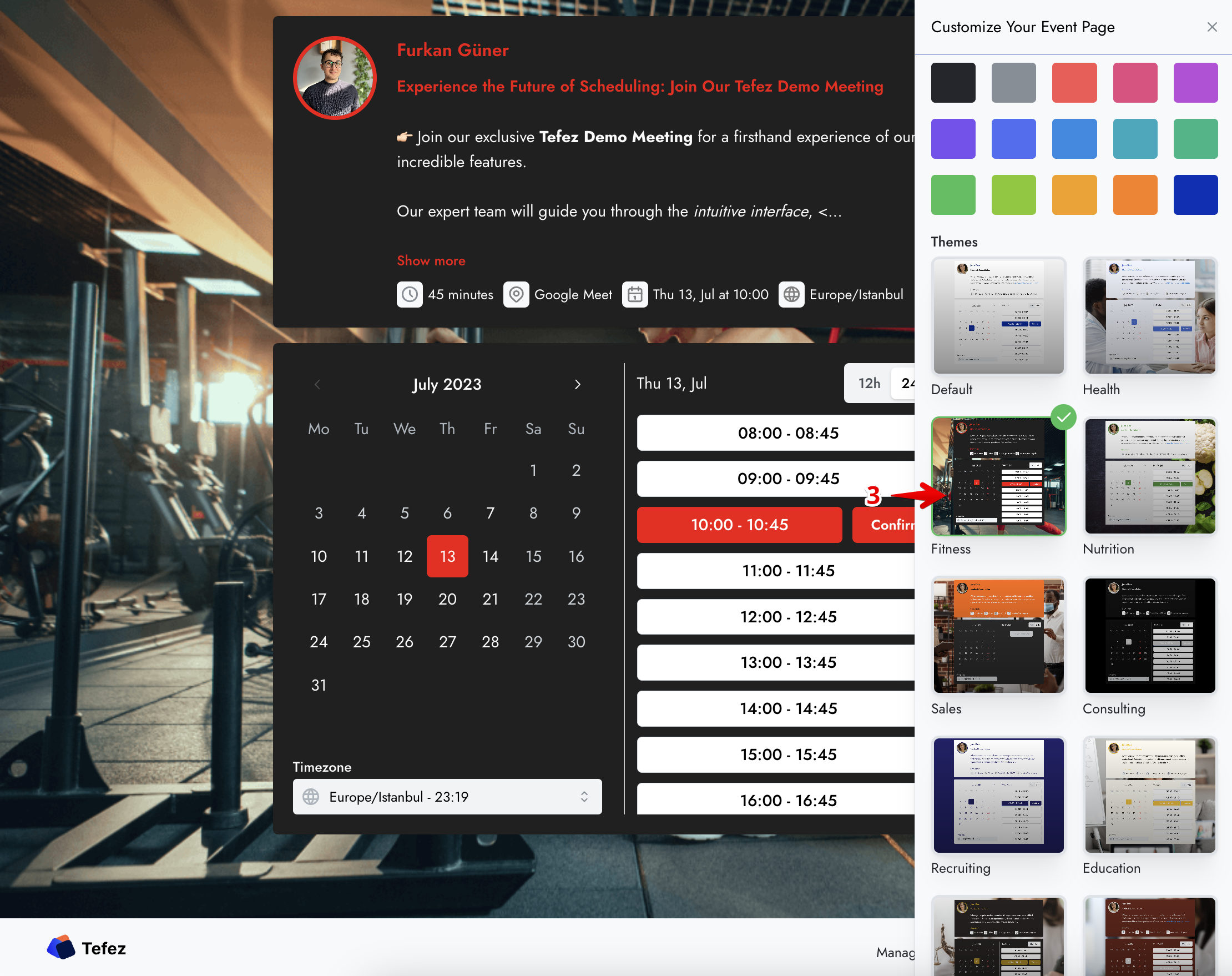 Tefez predefined theme choices beside the event-page preview