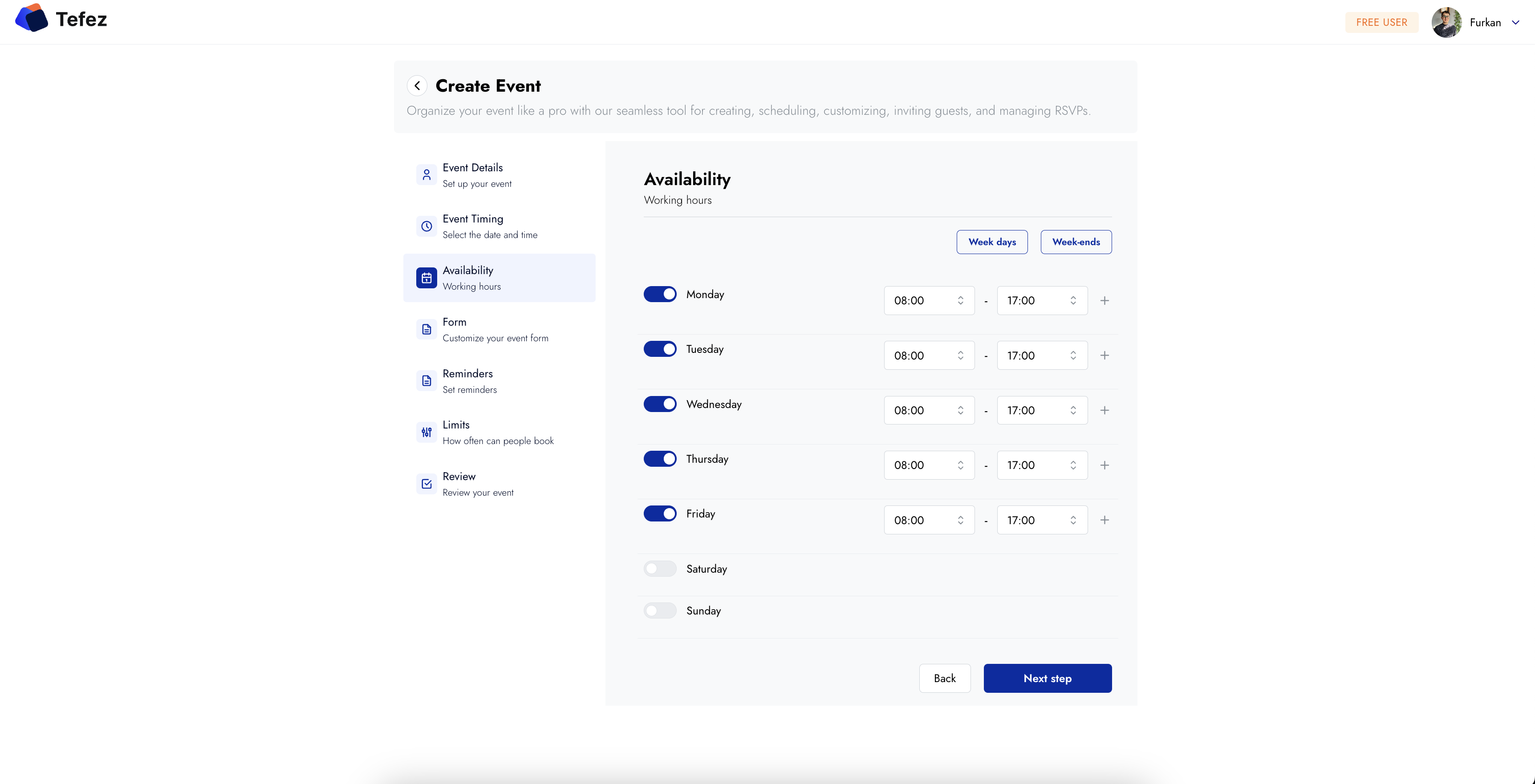 Tefez availability step with weekday time ranges