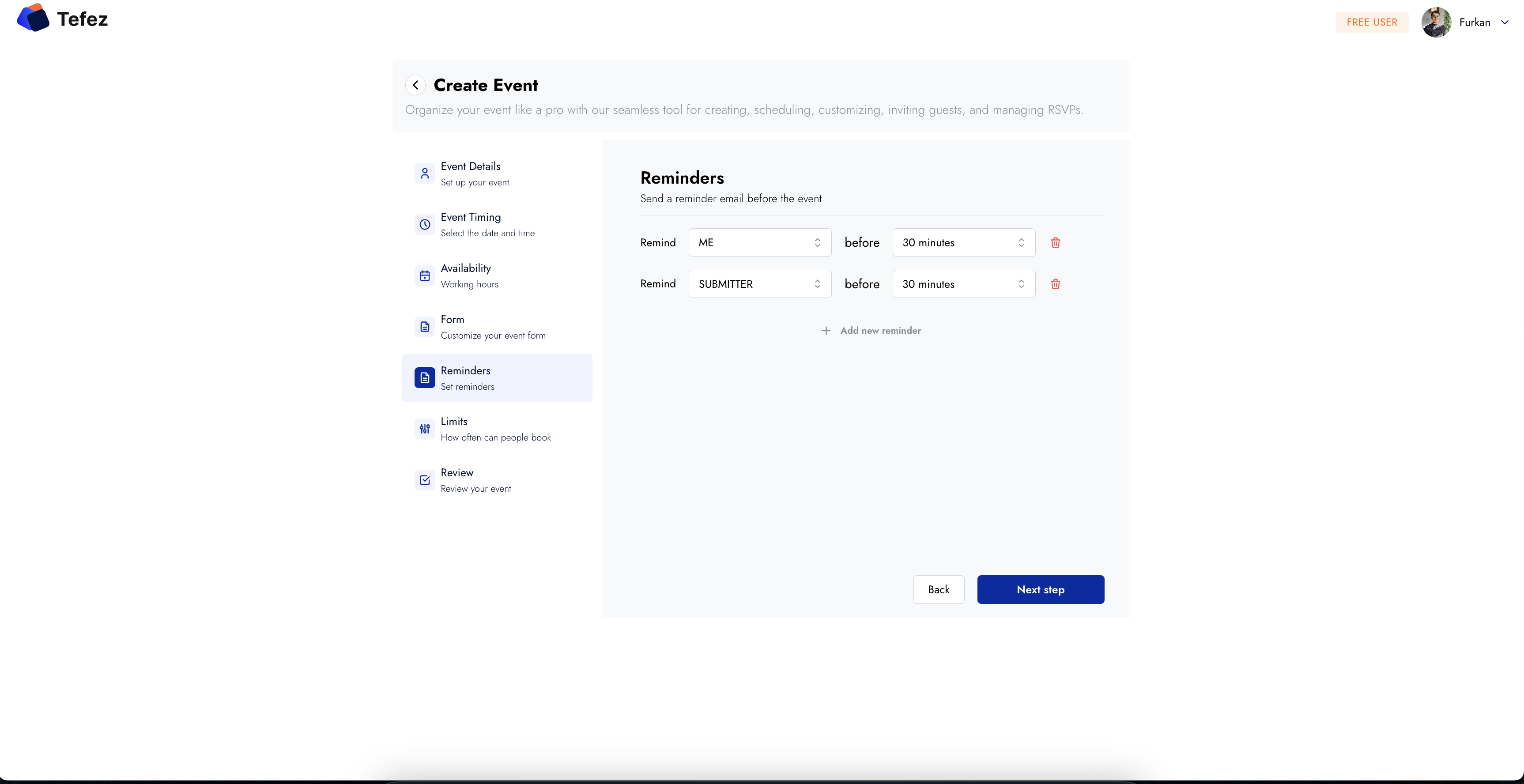 Tefez reminders step for configuring appointment emails
