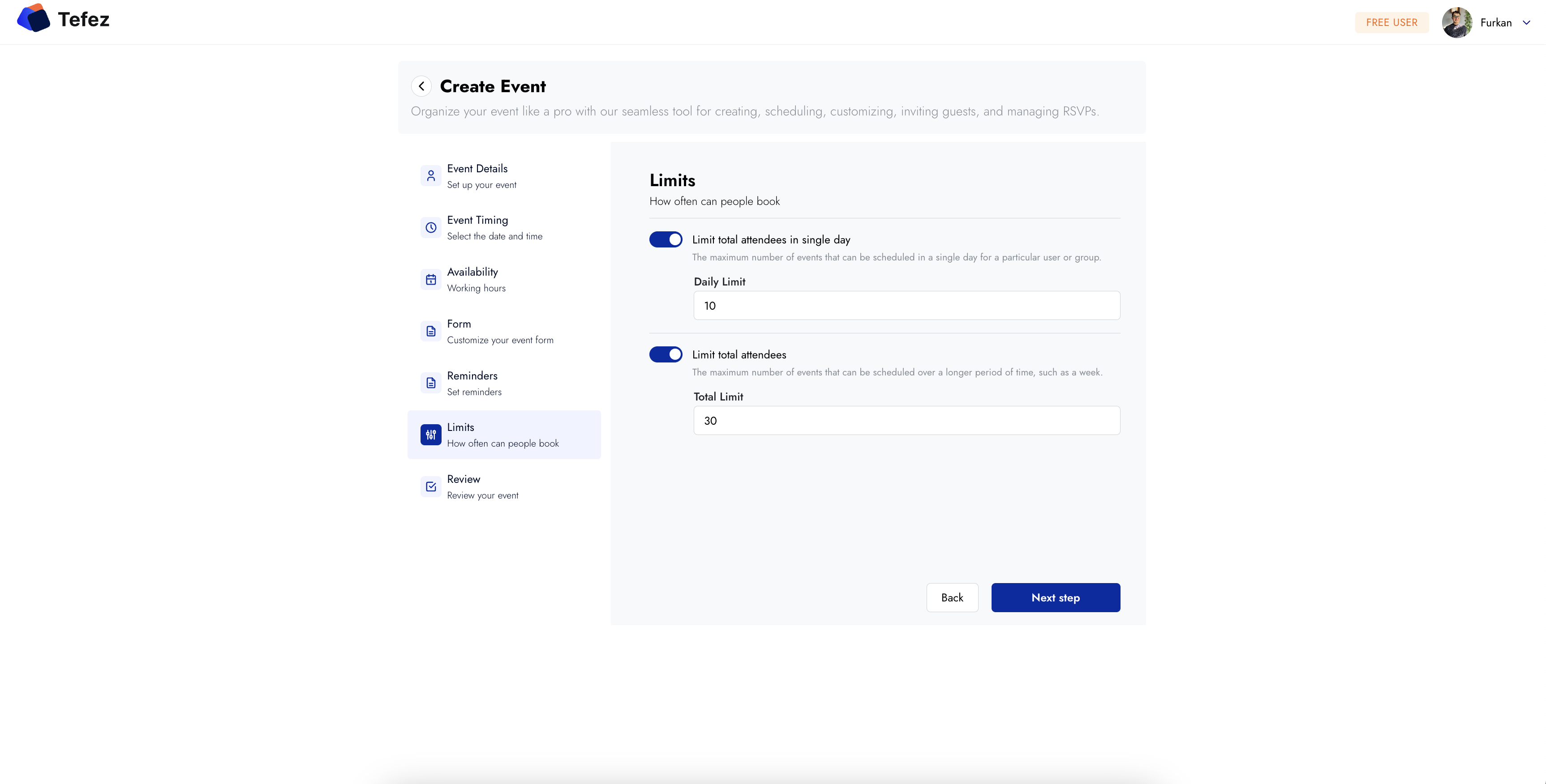 Tefez limits step for controlling how often invitees can book
